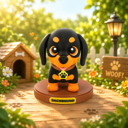 Dackel-Figurine in Schwarz mit orangefarbenen Augenpunkten, vorne auf brauner Basis