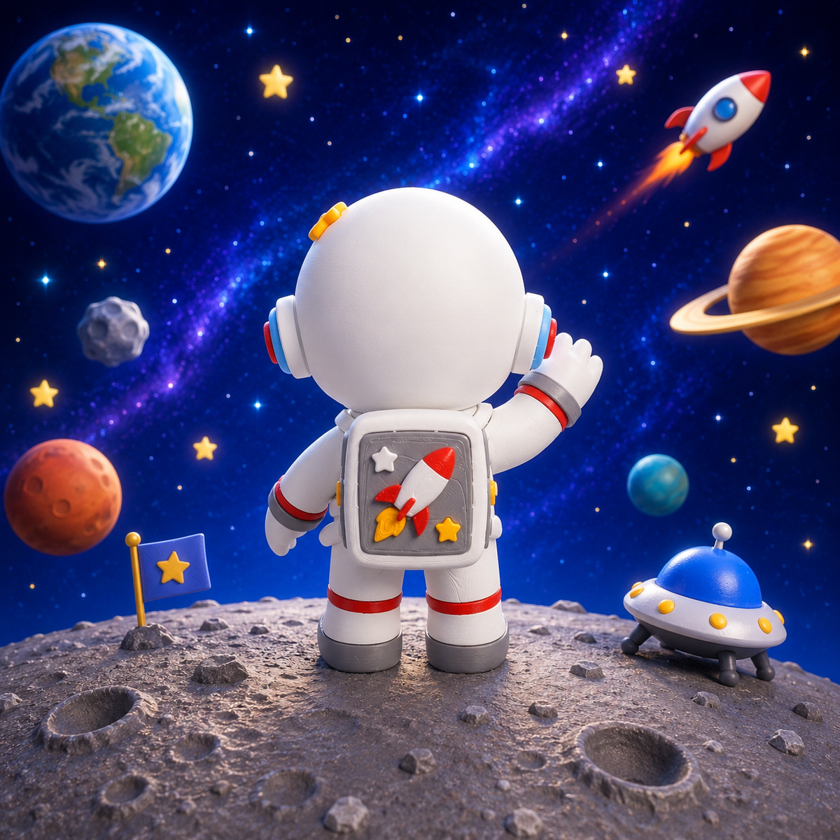 Astronautenfigur Junge von hinten im weißen Raumanzug mit Stern am Helm und Rucksack