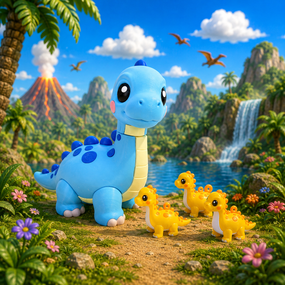 Blauer Baby-Brachiosaurus mit dunklen Punkten und beigem Bauch, mehrere gelbe Dinofiguren