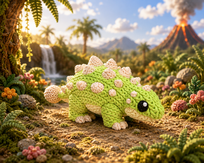 Gestrickte Baby-Ankylosaurus-Dinofigur in Grün mit rosa Knubbeln, schwarzem Auge