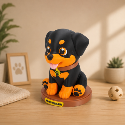 Rottweiler-Dekofigur im Dreiviertelblick auf rundem Sockel, schwarzes Fell mit orangefarbenen Akzenten.