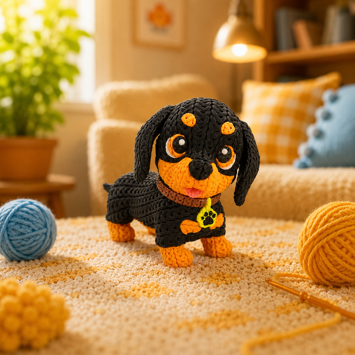 Gestrickte Dackel-Figur, dunkel schwarz mit orangefarbenem Bauch und Pfoten
