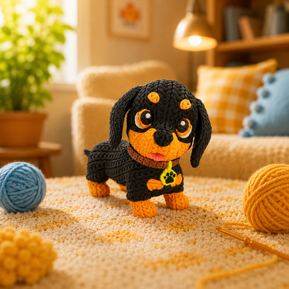 Gestrickte Dackel-Figur, dunkel schwarz mit orangefarbenem Bauch und Pfoten
