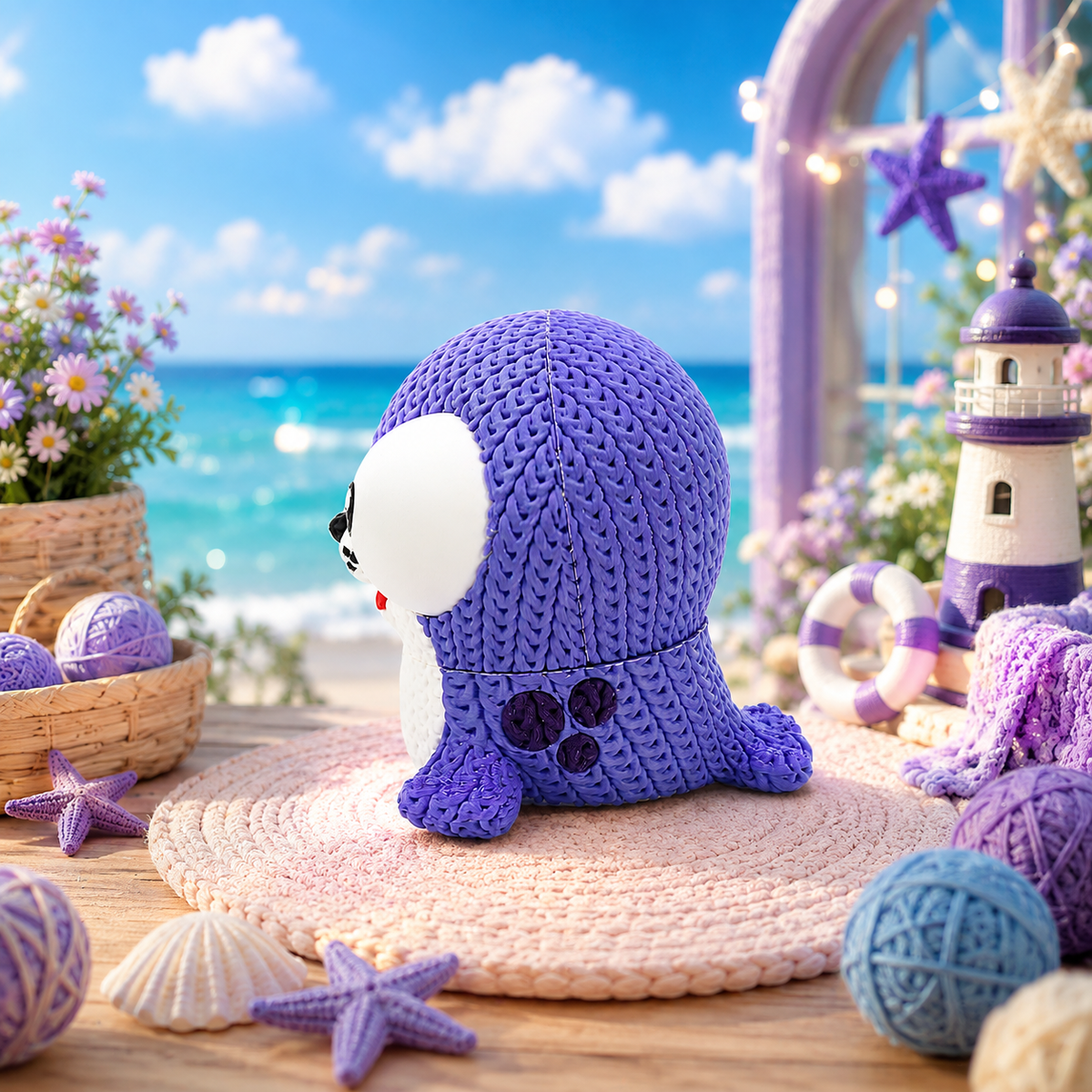 Gestrickte Robbenfigur in Flieder von der Seite, mit Pfoten und schwarzer Sohle am Bauch