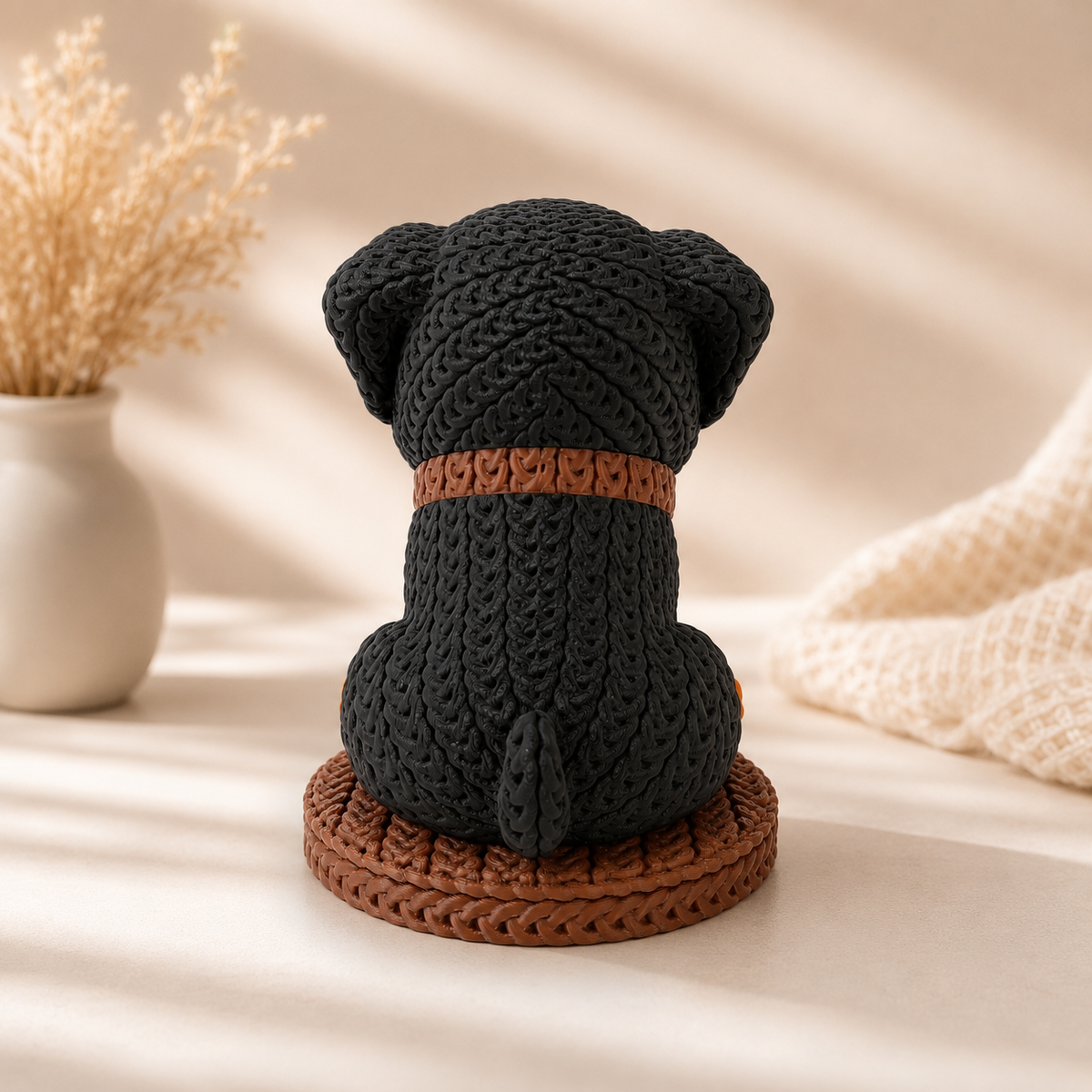 Gestrickte Hundefigur von hinten, schwarzes Fell mit orangefarbenem Halsbereich, auf Basis.