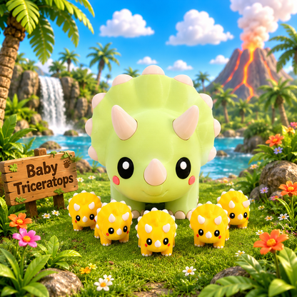 Grüne Baby-Triceratops-Figur auf Wiese mit mehreren kleinen orangefarbenen Triceratops