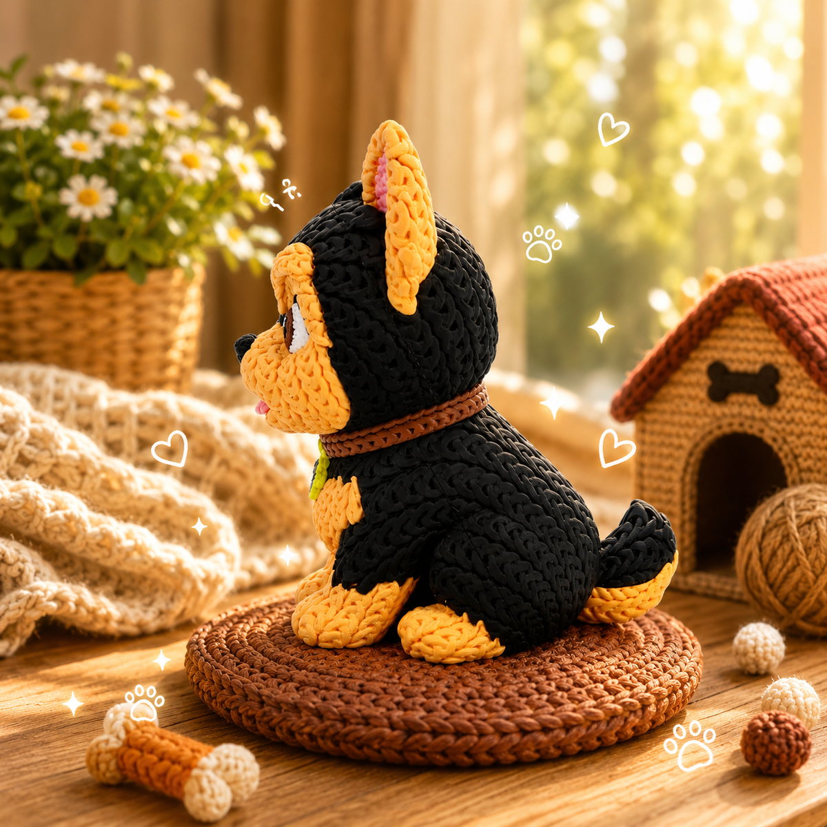 Gestrickte Yorkshire-Terrier-Hundefigur im Profil, schwarz und bernsteinfarben, auf Matte