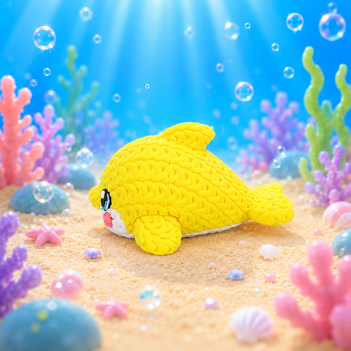 Gestrickter gelber Delfin (Rückansicht) mit rosigen Bäckchen und Kulleraugen