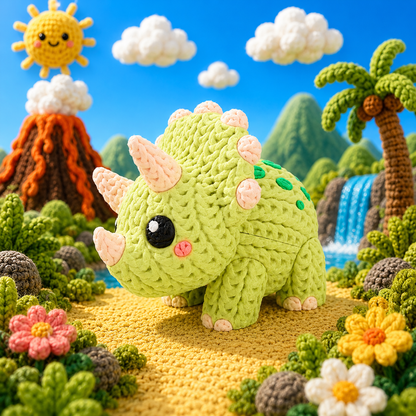 Grüner Baby-Triceratops-Strickfigur seitlich, schwarze Augen, rosa Nase und Hörner.