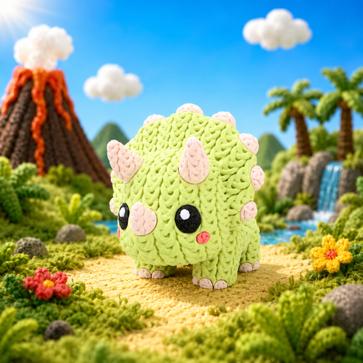 Grüner Baby-Triceratops-Strickfigur mit rosafarbenen Hörnern und schwarzen Augen.