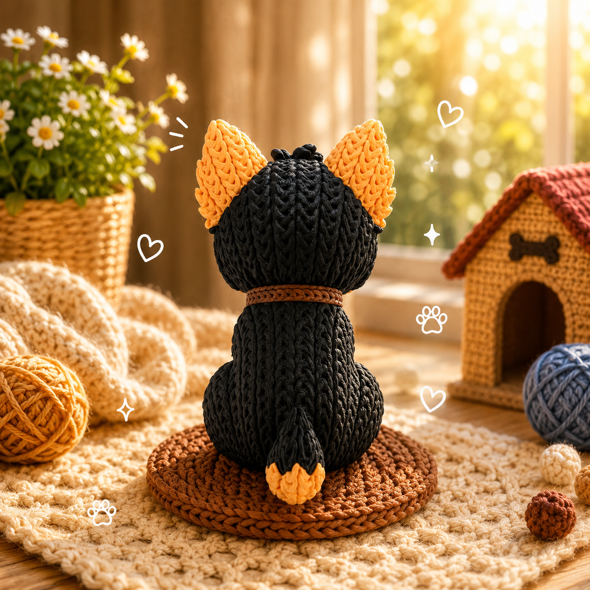 Gestrickte Yorkshire-Terrier-Hundefigur von hinten, schwarz, auf runder brauner Matte