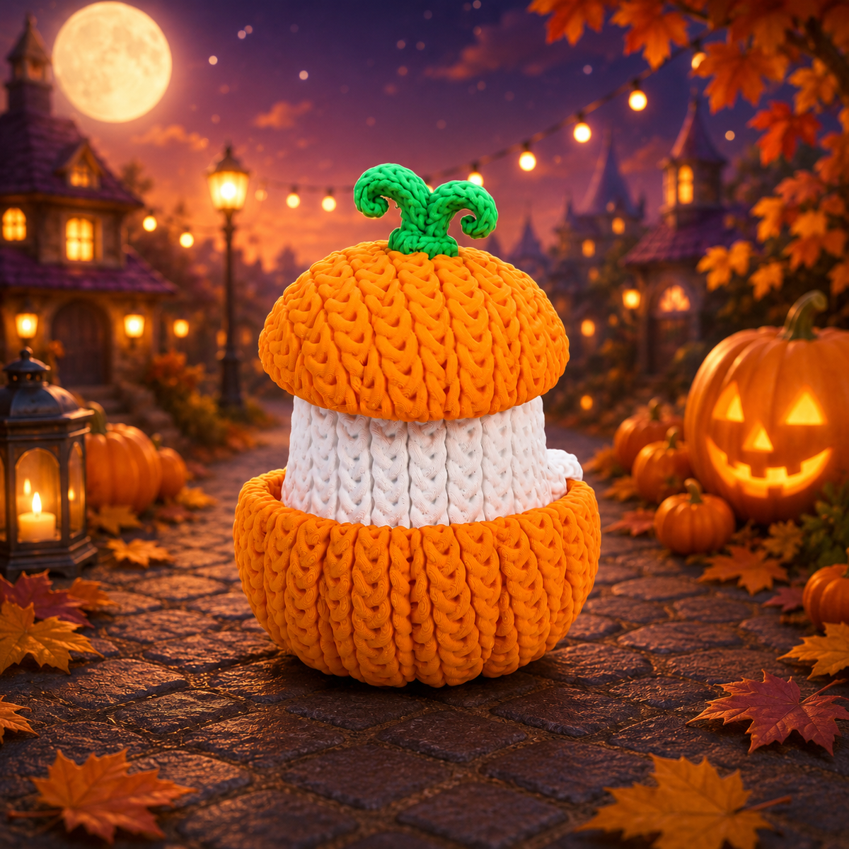 Gestrickte Kürbis-Geist-Figur von hinten: orange Strickhaube, weißer Kopf und grüne Spitze.