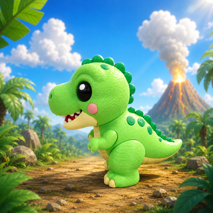 Grüne T-Rex-Babydino-Figur mit glatter Oberfläche, seitliche Ansicht mit Schnauze und kleinen Armen.