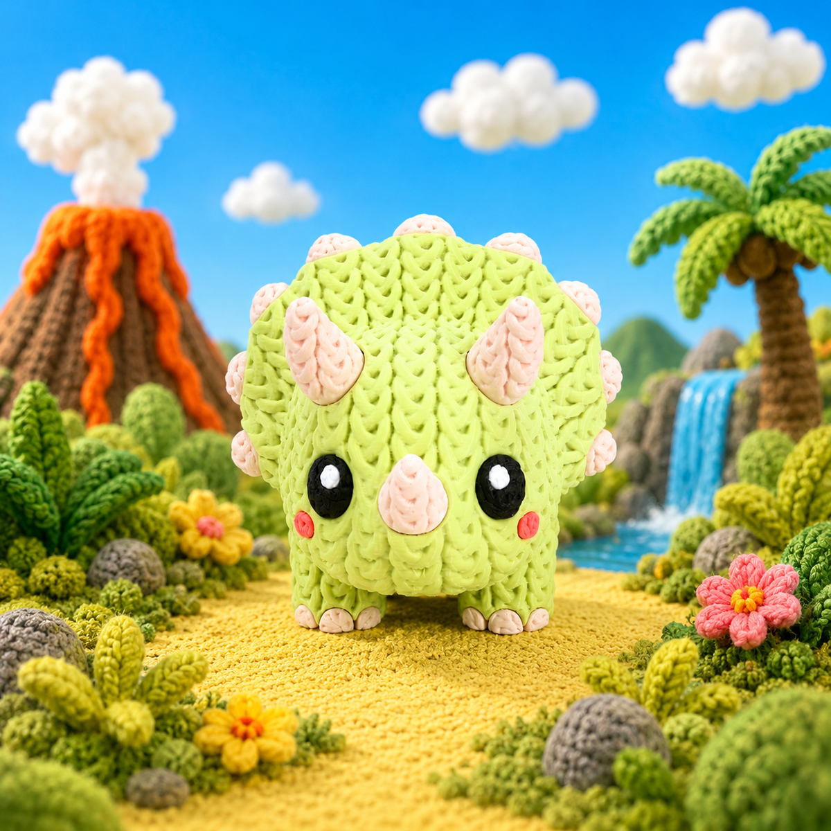 Grüne Baby-Triceratops-Strickfigur, runde Hörner, rosa Details und schwarze Augen.