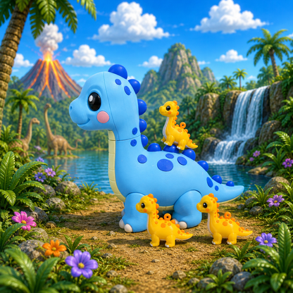 Blauer Baby-Brachiosaurus liegend mit dunklen Punkten und beigem Bauch, vier gelbe Dinos