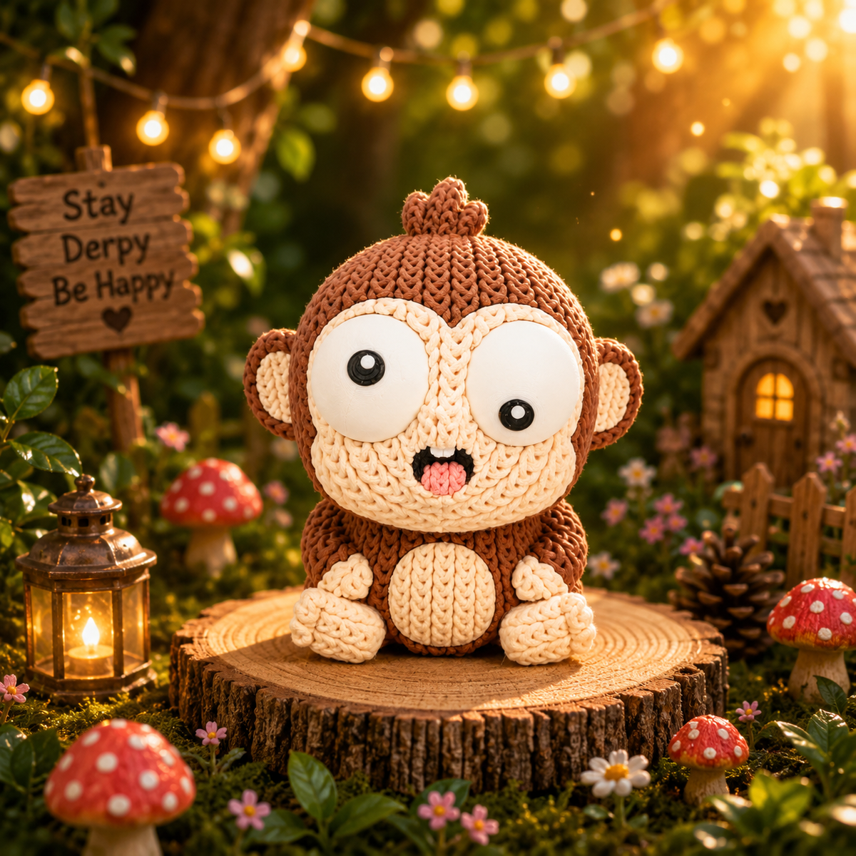 Gestrickter Affe in Nahansicht, braunes Garn, große Augen, beige Gesicht und Herzchenmund