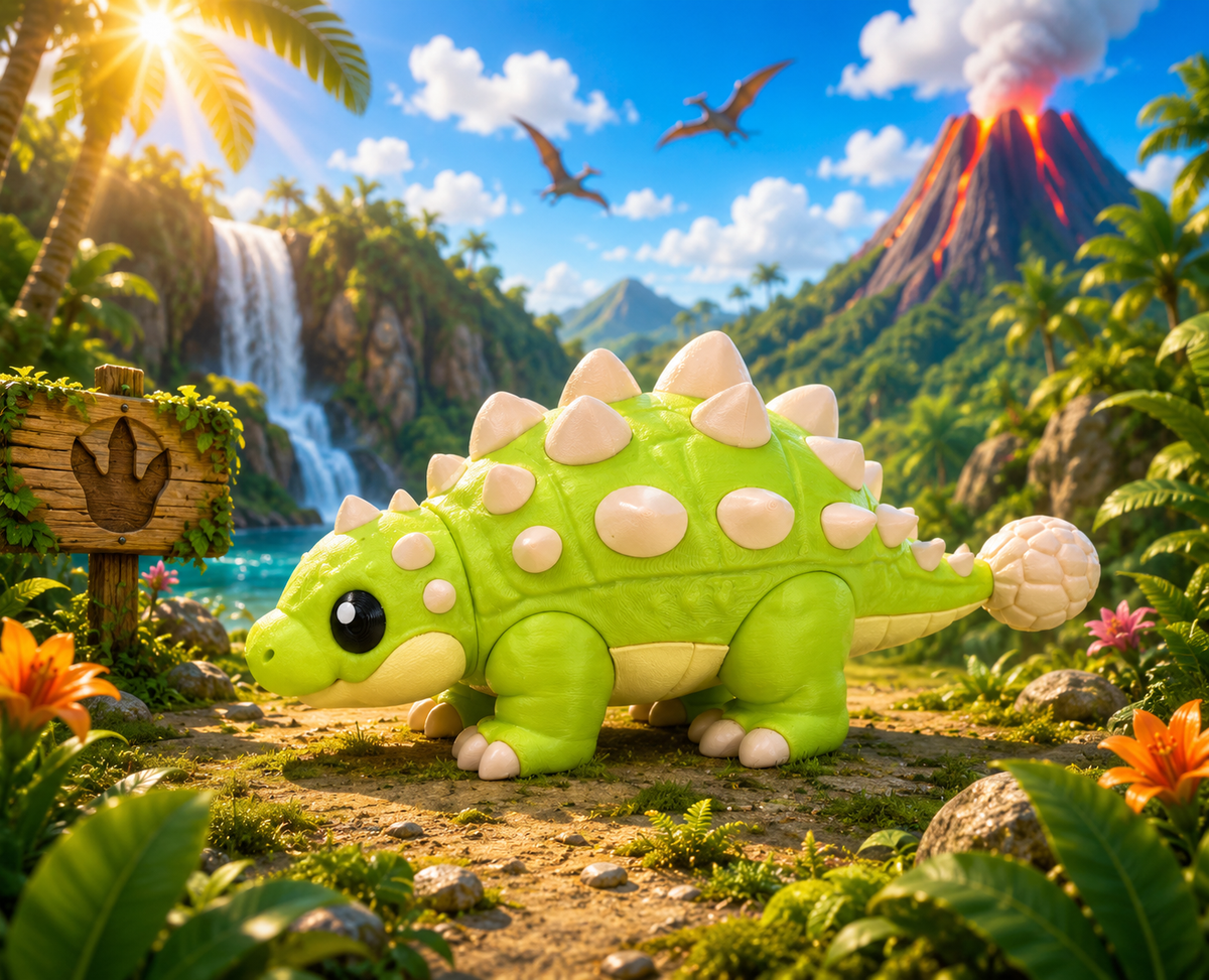 Grüner Ankylosaurus-Plüsch mit beigem Panzer und Stacheln, seitliche Ansicht, ganzer Körper