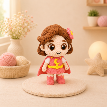 Gestrickte Figur mit braunem Haar und pinkem Kleid, seitlich auf rundem Sockel