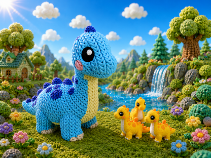 Gestrickte Dinofigur Brachiosaurus in Blau mit geneigtem Kopf und gelben Mini-Dinos