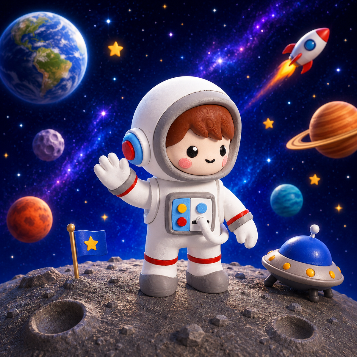 Astronautenfigur Junge im weißen Raumanzug mit Helm und geöffnetem Bedienfeld auf der Brust