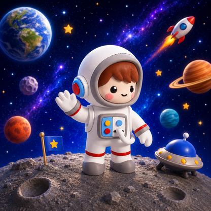 Astronautenfigur Junge im weißen Raumanzug mit Helm und geöffnetem Bedienfeld auf der Brust