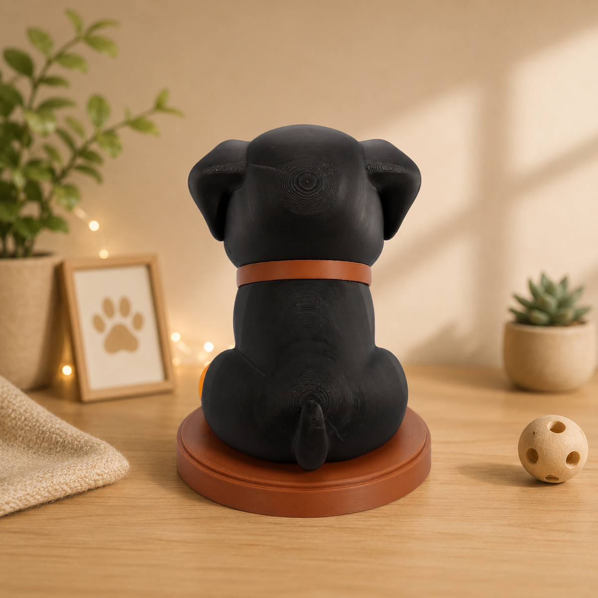 Rottweiler-Dekofigur von hinten auf rundem Sockel, schwarzes Modell mit orangefarbenem Halsband.