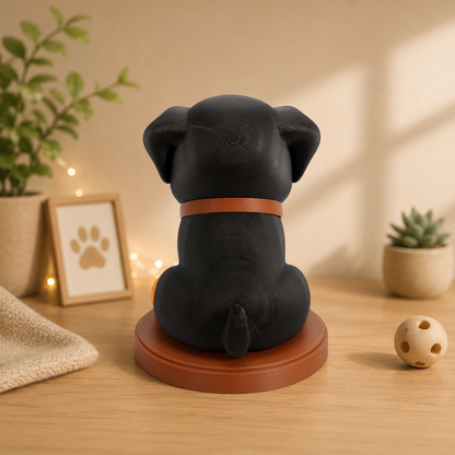 Rottweiler-Dekofigur von hinten auf rundem Sockel, schwarzes Modell mit orangefarbenem Halsband.