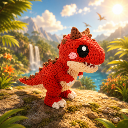 Gestrickte rote Dinofigur mit beigem Bauch, braunen Ohren und Vorderpfoten