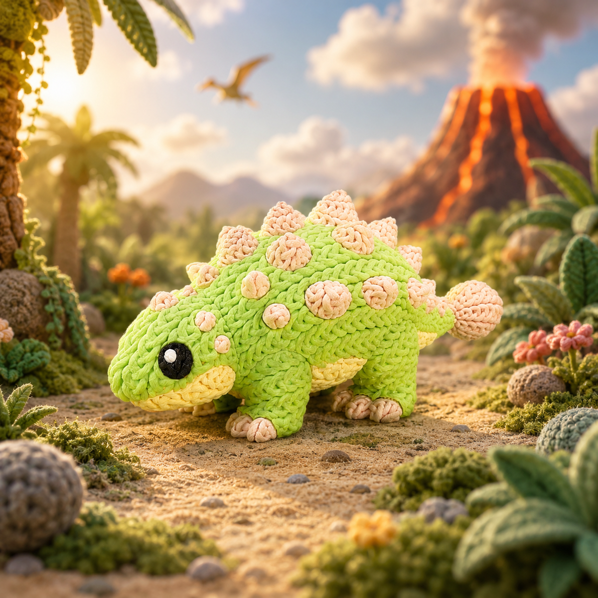 Ankylosaurus-Dinofigur aus gestricktem Material in Grün, rosa Höcker, schwarzes Auge