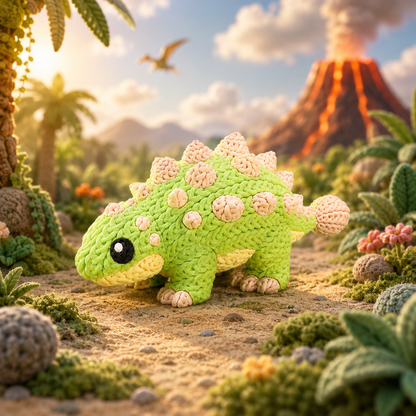Ankylosaurus-Dinofigur aus gestricktem Material in Grün, rosa Höcker, schwarzes Auge