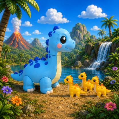 Blauer Baby-Brachiosaurus aufrecht mit dunklen Punkten und beigem Bauch, daneben gelbe Dinos