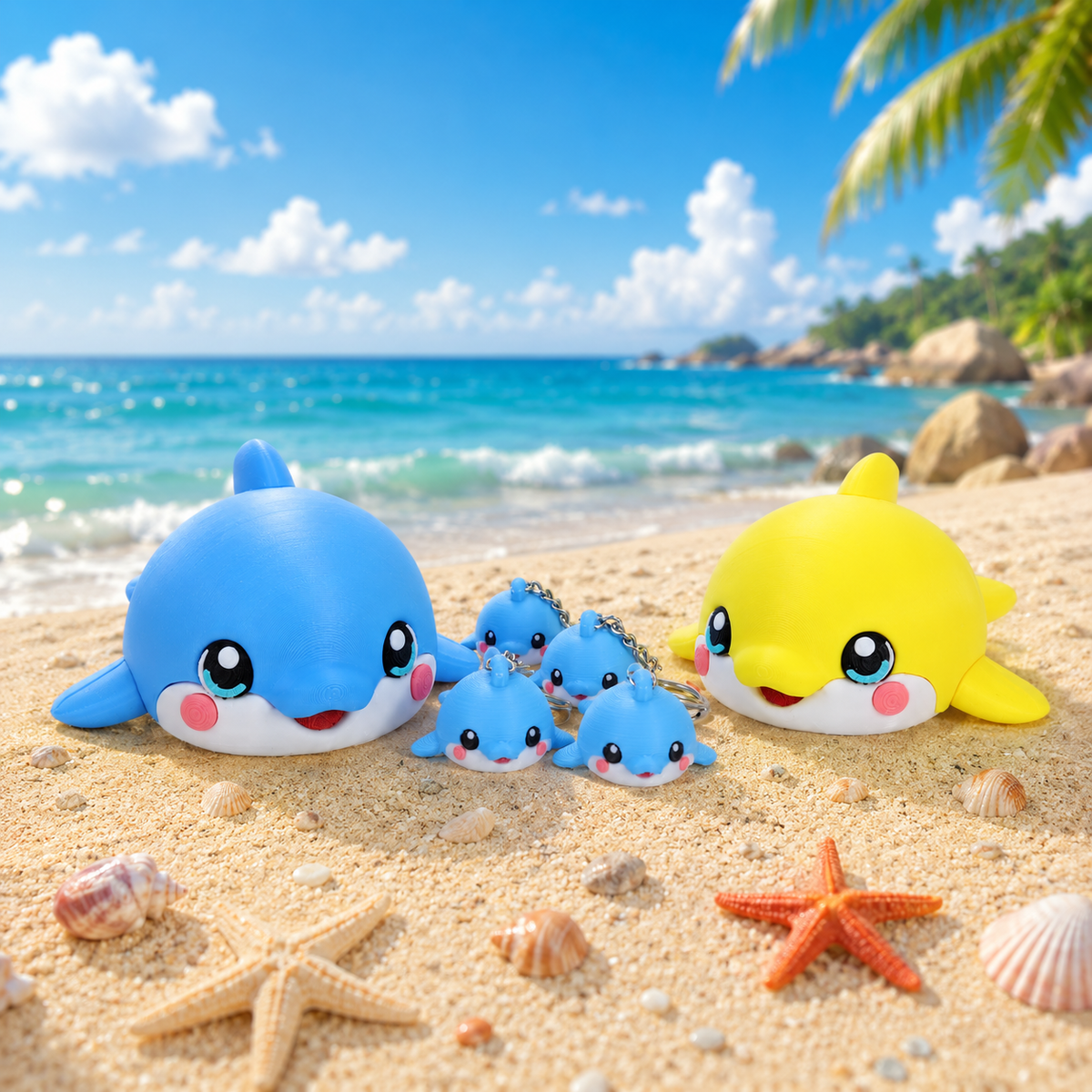 Blauer und gelber Delfin-Anhänger mit mehreren kleinen Delfin-Figuren