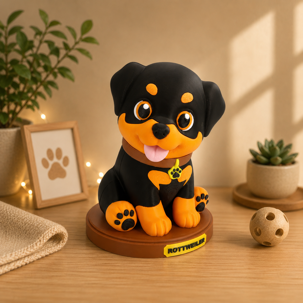 Rottweiler-Dekofigur im Sitzen auf rundem Sockel, schwarzes Fell mit orangefarbenen Details.