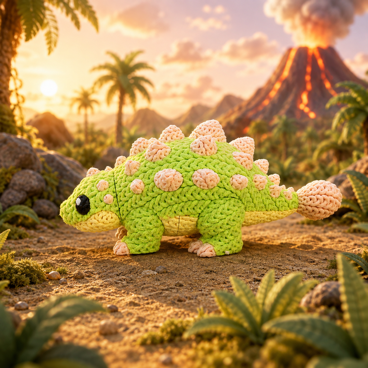 Baby-Ankylosaurus Dinofigur, grüne Häkel-/Strickoptik, rosa Höcker und schwarzes Auge