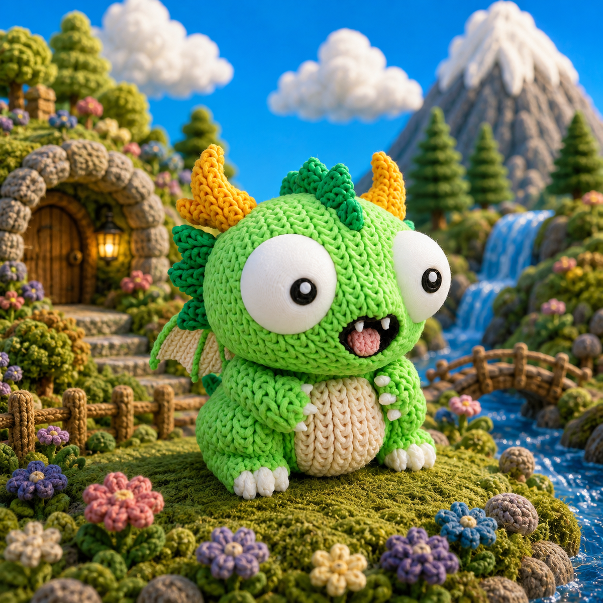 Grüne Drachen-Strickfigur, Blick nach vorn, beiger Bauch, große Augen, gelbe Hörner