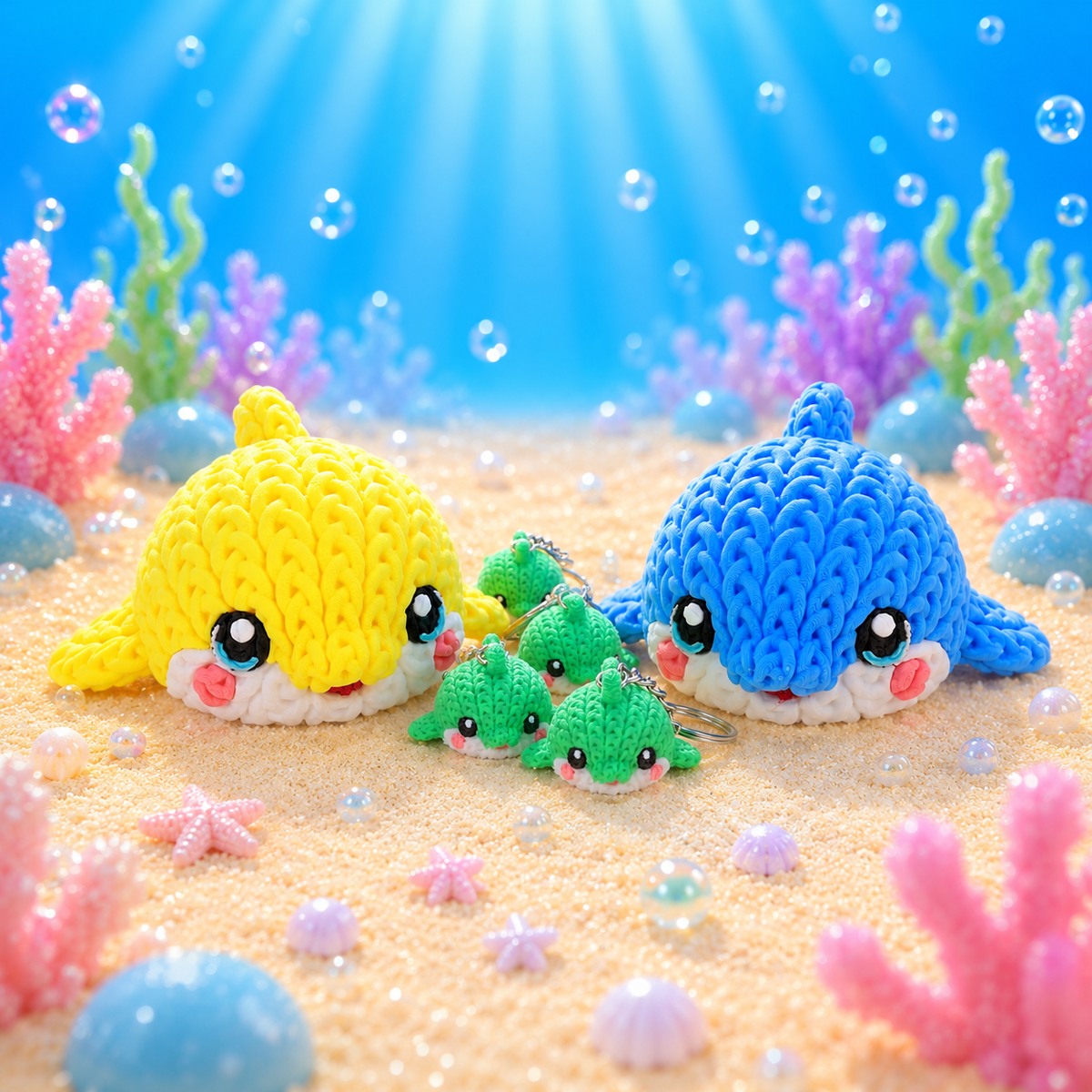Gestrickte Delfinfiguren in Gelb und Blau, kleiner grüner Delfin mit Kulleraugen