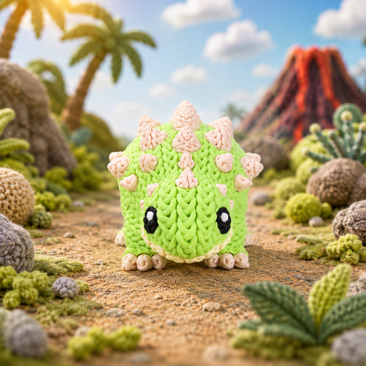 Gestrickter Baby-Ankylosaurus mit grüner Struktur, rosa Knubbeln, zwei Pfoten