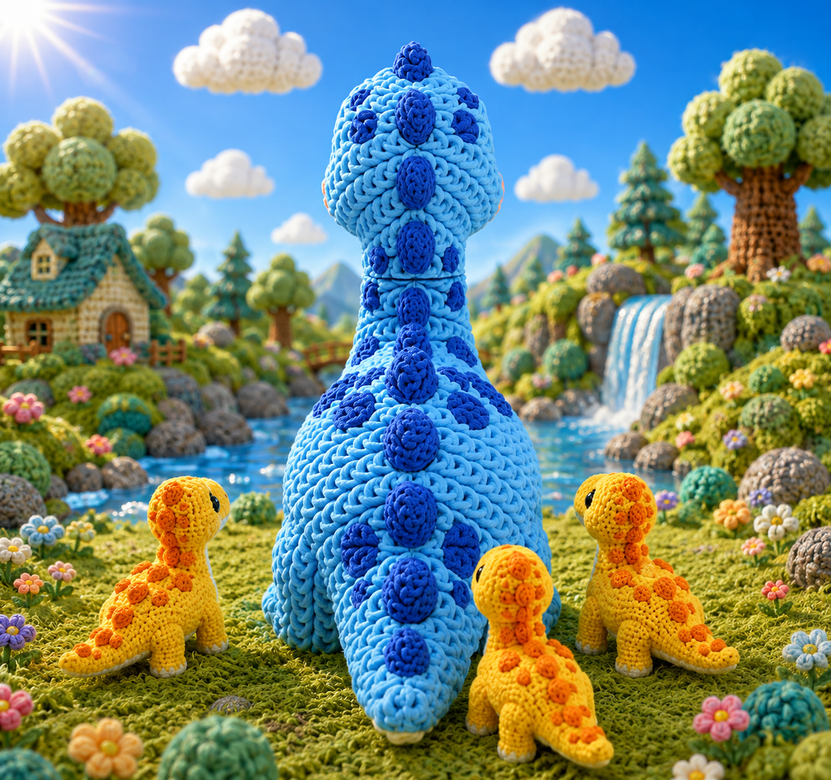 Gestrickte Dinofigur Brachiosaurus in Blau in stehender Vorderansicht