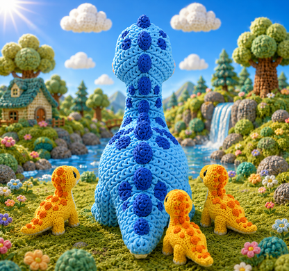 Gestrickte Dinofigur Brachiosaurus in Blau in stehender Vorderansicht
