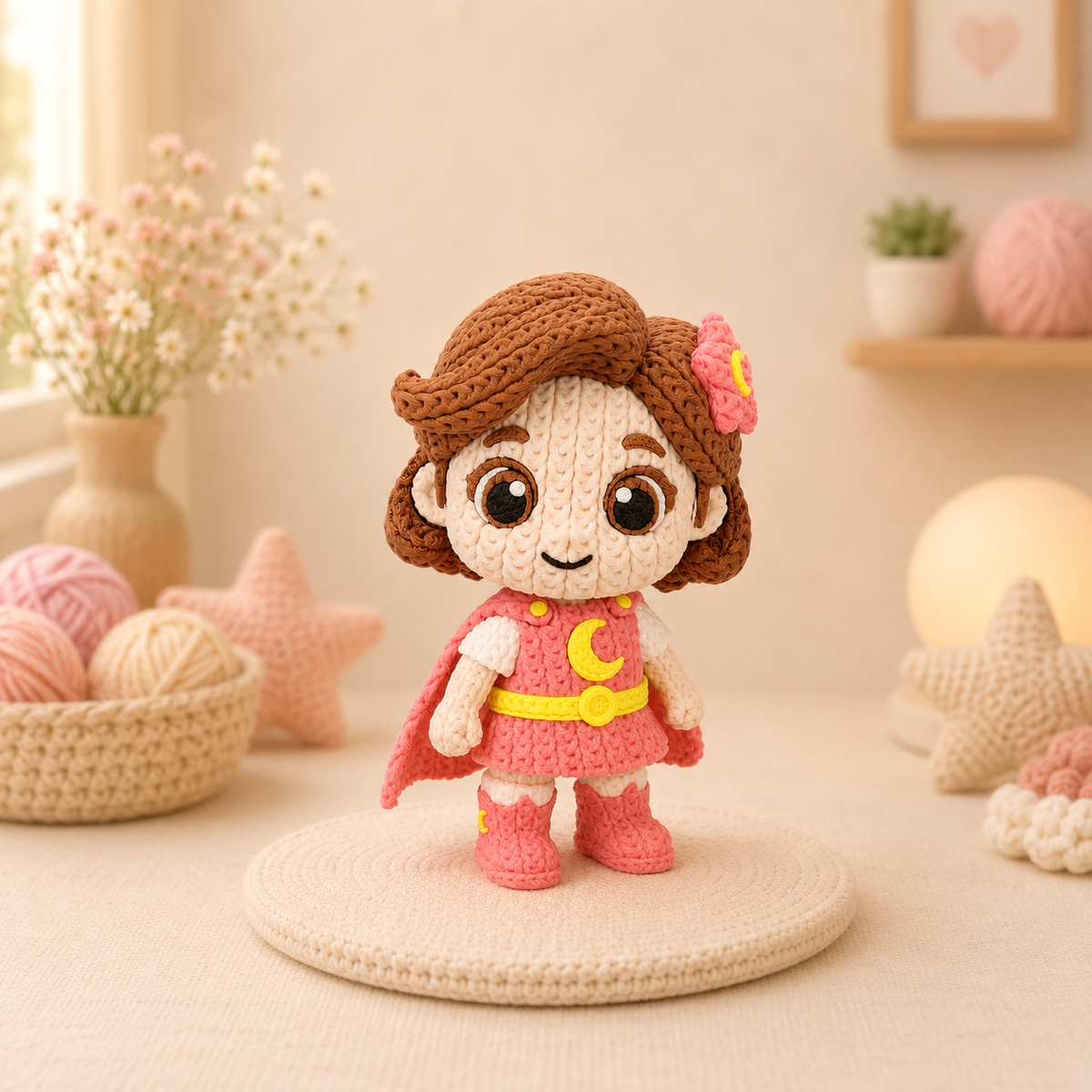 Gestrickte Figur mit braunem Haar und pinkem Kleid auf rundem Sockel