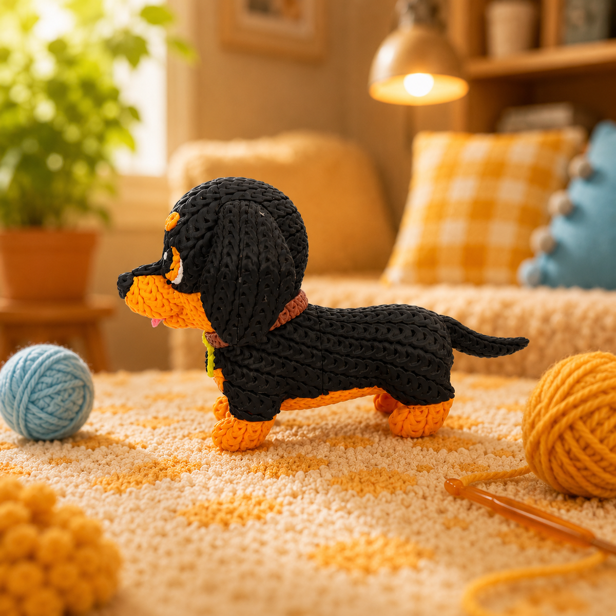 Gestrickte Dackel-Figur, schwarz; liegende Seitenansicht mit orangefarbenen Pfoten