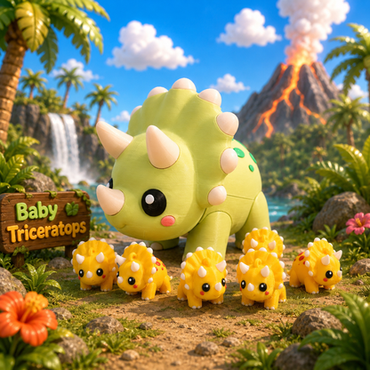 Grüne Baby-Triceratops-Figur mit mehreren kleinen orangefarbenen Triceratops-Würfeln