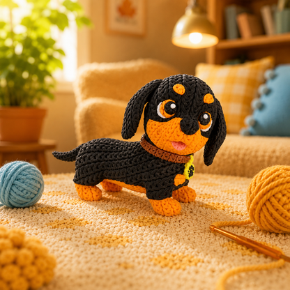 Gestrickter Dackel in Schwarz mit orangefarbenem Bauch, steht auf beigem Teppich