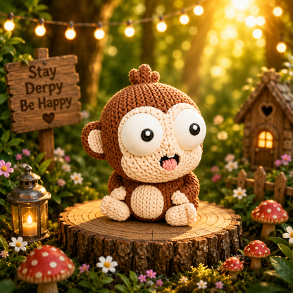 Gestrickter Affe mit braunem Kopf und breitem Gesicht, große Augen und mittig sitzend