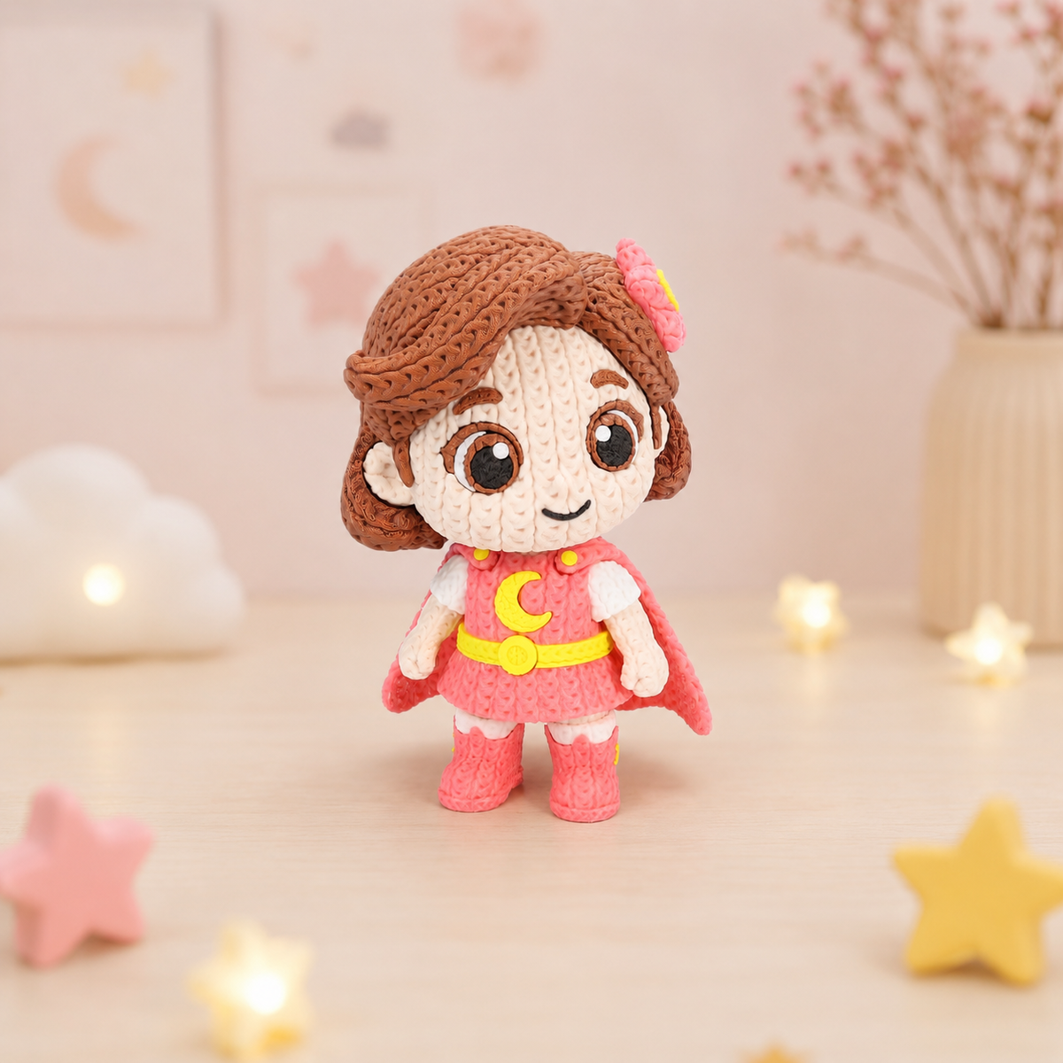 Gestrickte Figur mit braunem Haar und pinkem Kleid, gelbem Gürtel und Deko-Blume