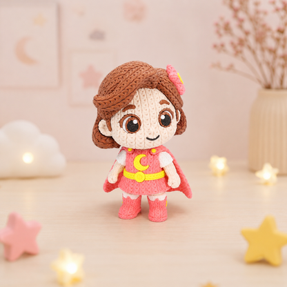 Gestrickte Figur mit braunem Haar und pinkem Kleid, gelbem Gürtel und Deko-Blume