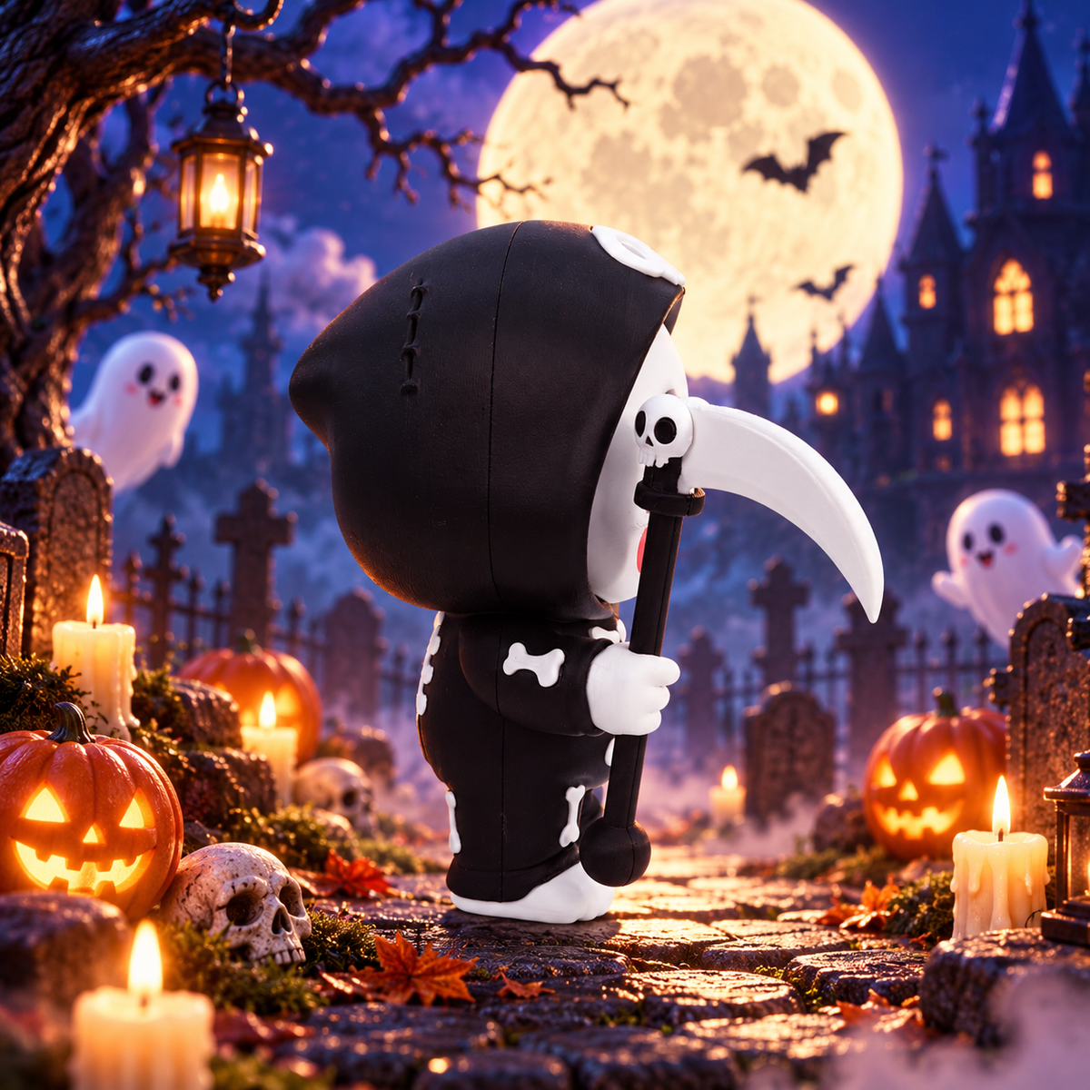 Baby Reaper 3D-Sensenmann-Figur: kleiner Sensenmann mit Sichel, schwarze Kapuze