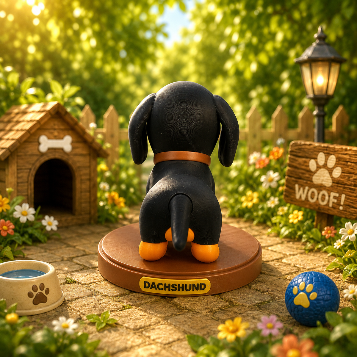 Dackel-Figurine in Schwarz mit orangefarbenen Pfoten, von hinten auf runder Basis