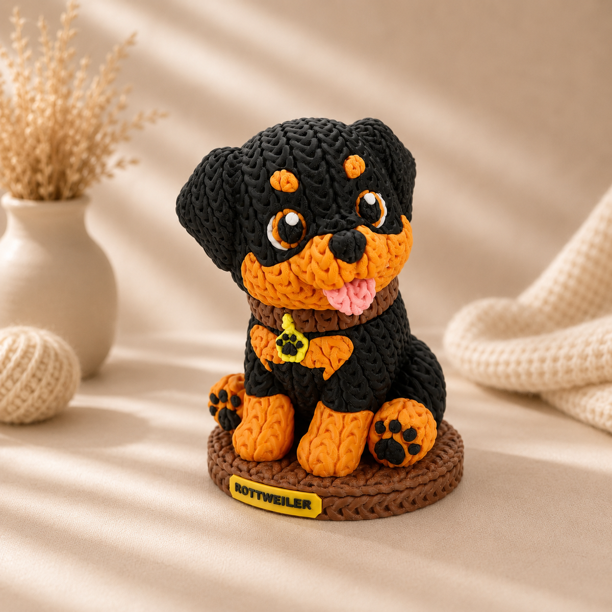 Gestrickte Rottweiler-Dekofigur auf rundem Sockel, schwarzes Garn mit orangefarbenen Akzenten.