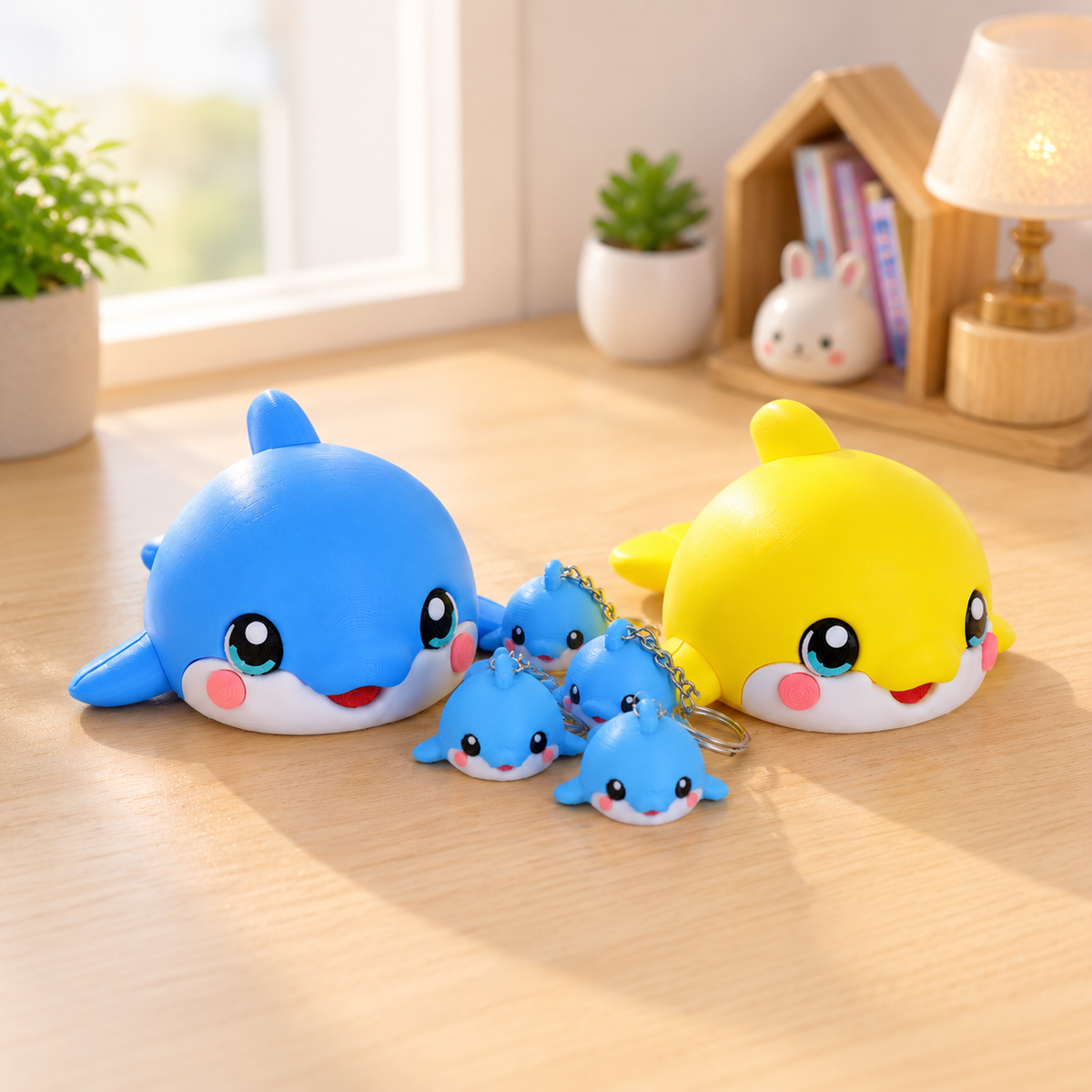 Delfin-Set: blauer und gelber Delfin-Anhänger mit kleinen Mini-Delfin-Figuren